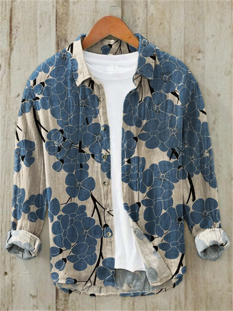 Plum Blossom Japanese Pattern Linen Blend Shirt - Multicolor S