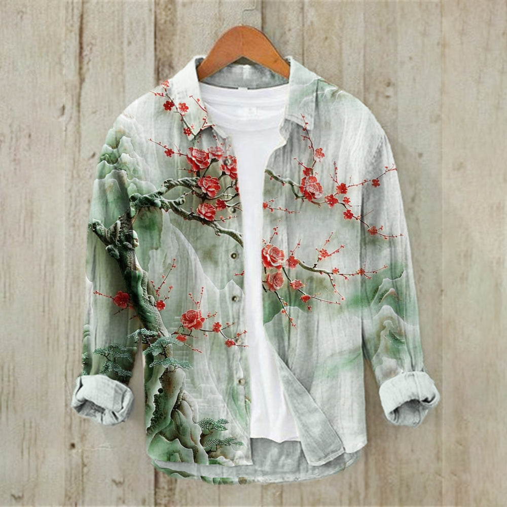 Urbancrest Japanese Art Plum Print Men’s Linen Long Sleeve Shirt | Premium Cotton Linen Shirt for Men