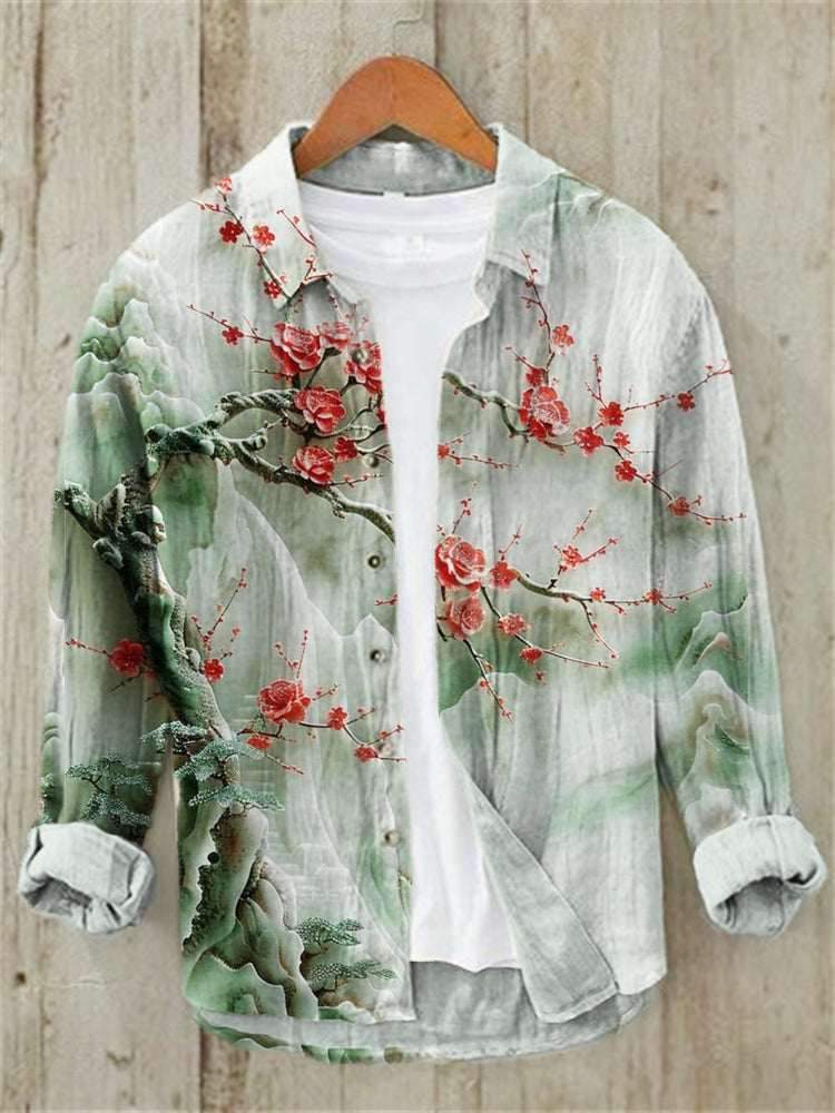Japanese Art Plum Print Men's Linen Long Sleeve Shirt - Grey green S
