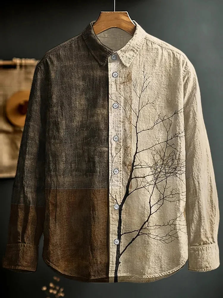 Urbancrest Men’s Dead Branch Color Splice Art Print Long Sleeve Shirt | Premium Cotton Linen Shirt for Men