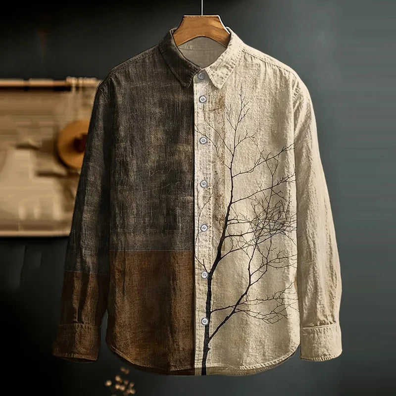 Urbancrest Men’s Dead Branch Color Splice Art Print Long Sleeve Shirt | Premium Cotton Linen Shirt for Men