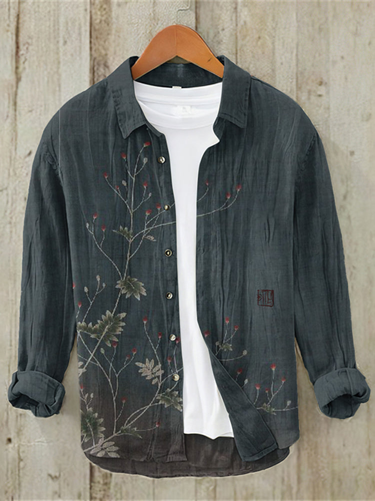 Men's Vintage Japanese Art Casual Linen Blend Shirt - Navy blue S
