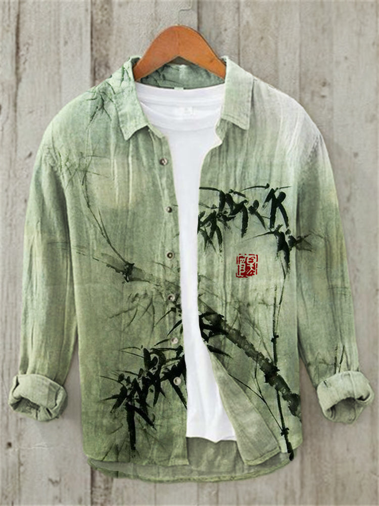Bamboo Forest Full Moon Night Japanese Art Linen Blend Shirt - Green S