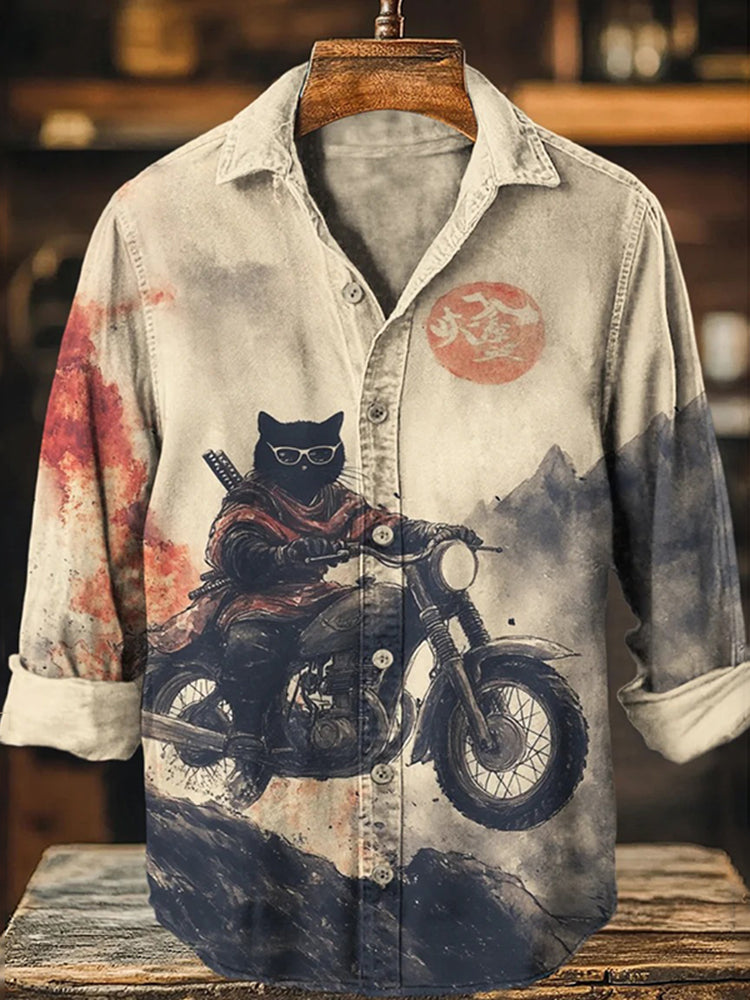 Men's Retro Black Cat On Motorcycle Art Print Long Sleeve Shirt - Beige S