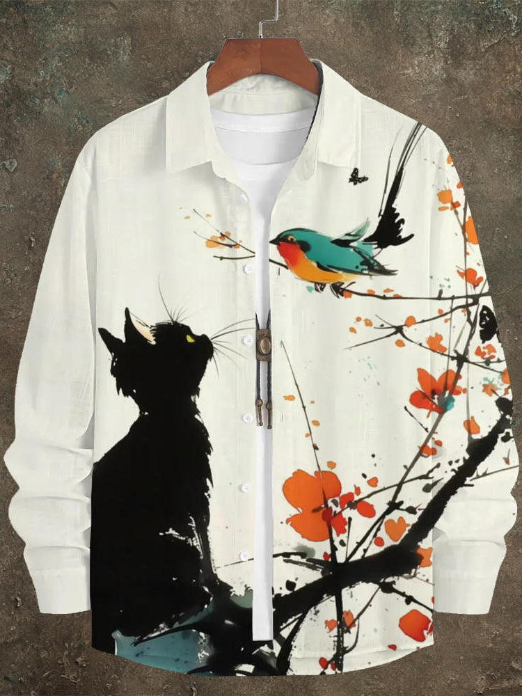 Black Cat & Bird Japanese Art Men's Linen Long Sleeve Shirt - Creamy white S