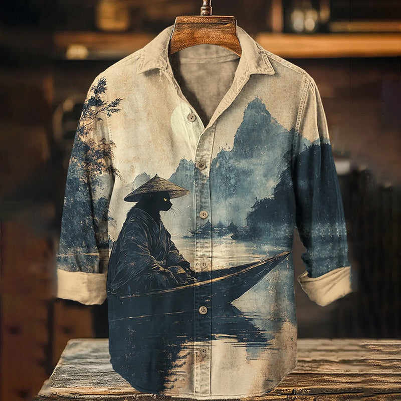 Urbancrest Men’s Black Cat Rowing Landscape Ink Painting Art Print Long Sleeve Shirt | Premium Cotton Linen Shirt for Men
