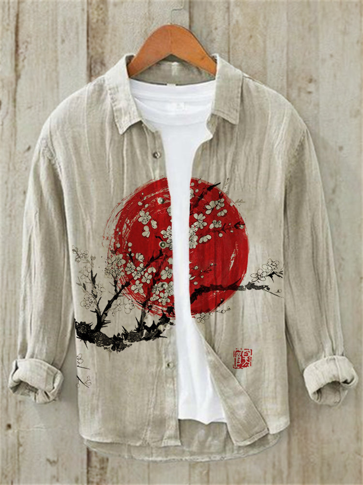 Plum Blossom Full Moon Night Japanese Art Linen Blend Shirt - Beige S