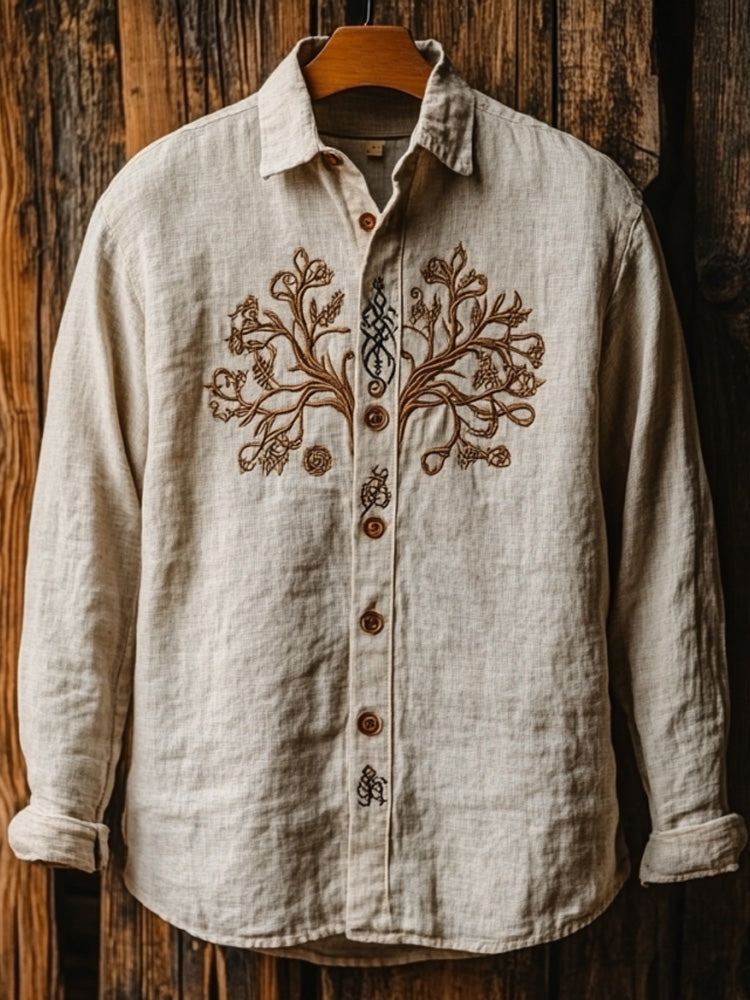 Men's Viking Life Of Tree Celtic Knot Art Linen V-neck Shirt - Beige S