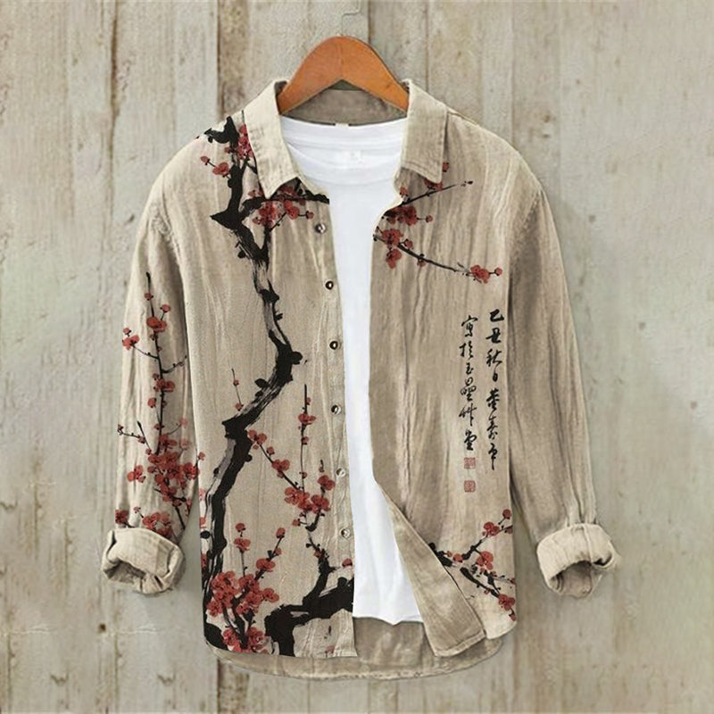 Men's Floral Ink Painting Vintage Cotton And Linen Shirt - Beige S
