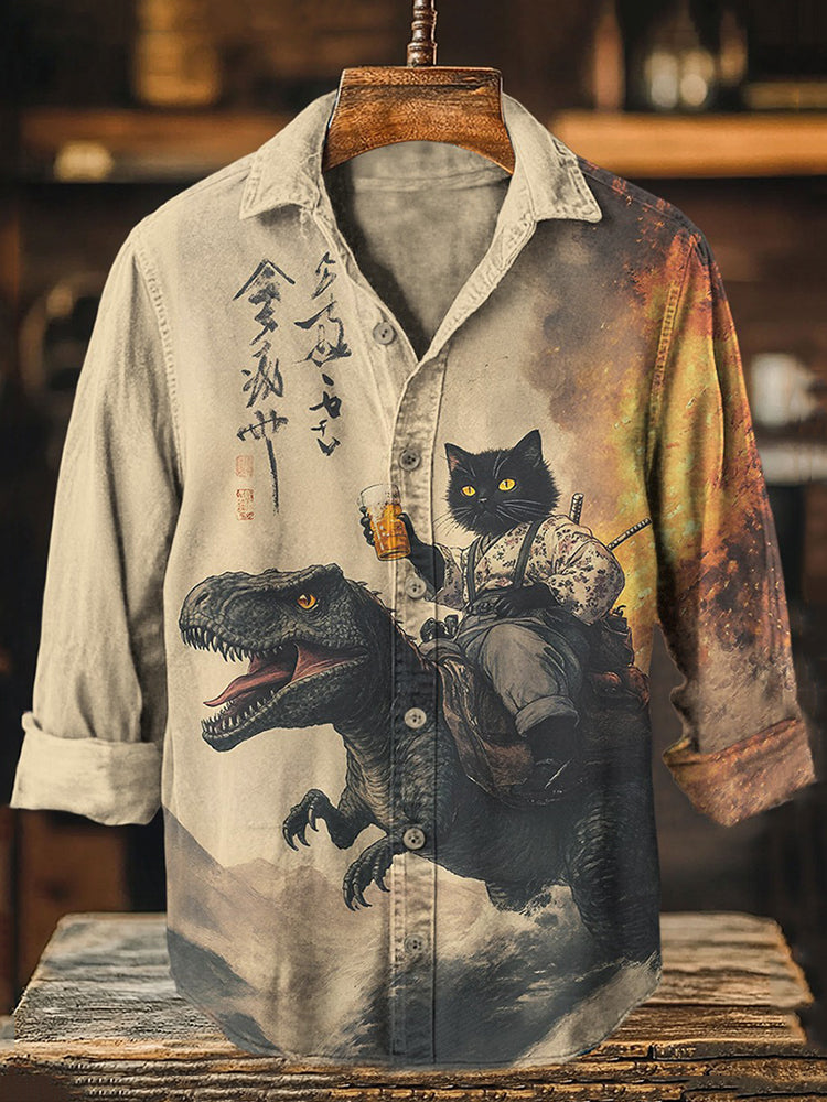Men's Black Cat Holding Beer Riding Dinosaur Print Long Sleeve Shirt - Beige S