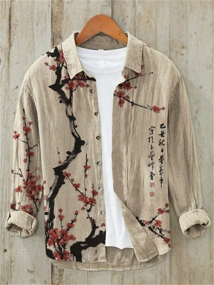 Urbancrest Men’s Floral Ink Painting Vintage Cotton And Linen Shirt | Premium Cotton Linen Shirt for Men