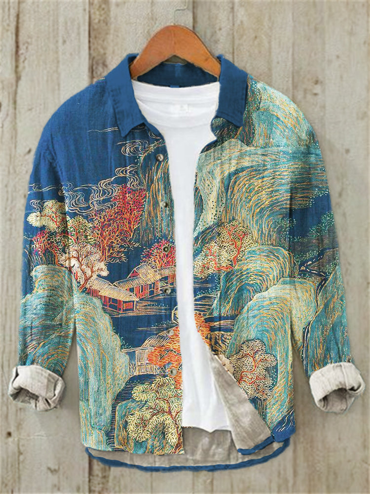Japanese Landscape Print Linen Long Sleeve Shirt - Multicolor S