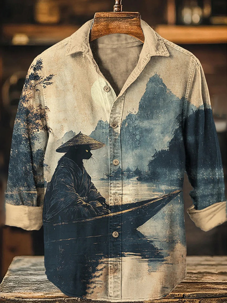 Men's Black Cat Rowing Landscape Ink Painting Art Print Long Sleeve Shirt - Beige S