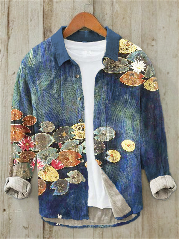 Japanese Lotus Leaf Print Casual Linen Shirt - Multicolor S