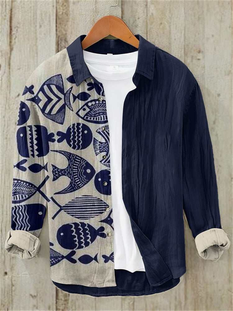 Japanese Art School Fish Button Casual Linen Blend Shirt - Navy blue S