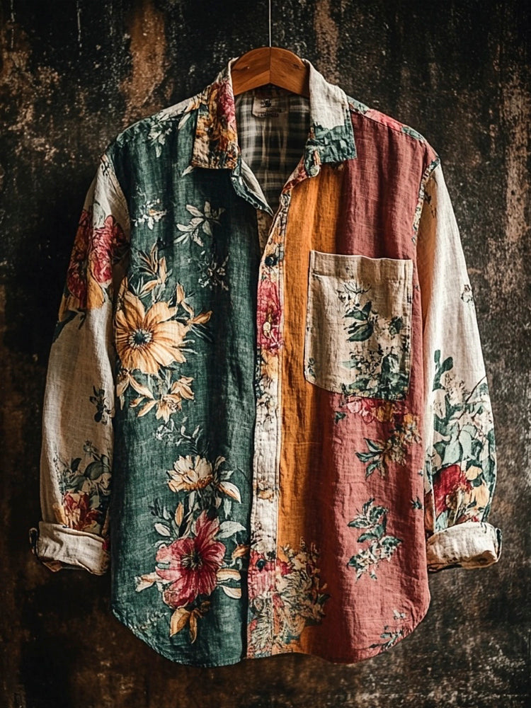 Vintage Floral Color Blocking Men's Linen Long Sleeve Shirt - Green S