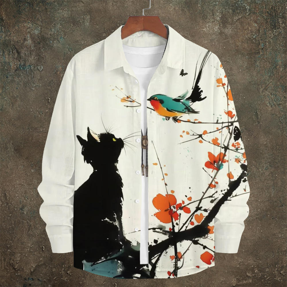 Urbancrest Black Cat & Bird Japanese Art Men’s Linen Long Sleeve Shirt | Premium Cotton Linen Shirt for Men