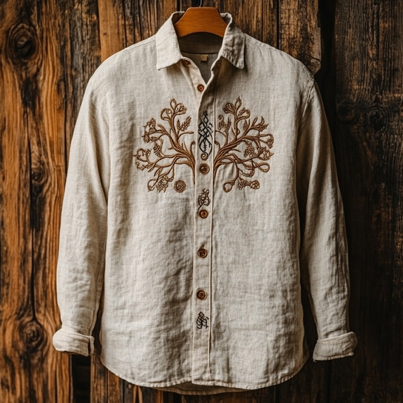 Urbancrest Men’s Viking Life Of Tree Celtic Knot Art Linen V-neck Shirt | Premium Cotton Linen Shirt for Men