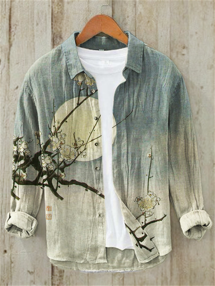 Plum Blossom Full Moon Night Gradient Japanese Art Linen Blend Shirt - Multicolor S