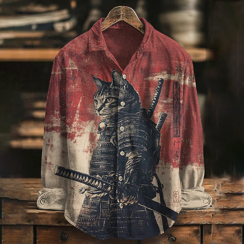 Urbancrest Men’s Cat Samurai Japanese Katana Print Long Sleeve Shirt | Premium Cotton Linen Shirt for Men
