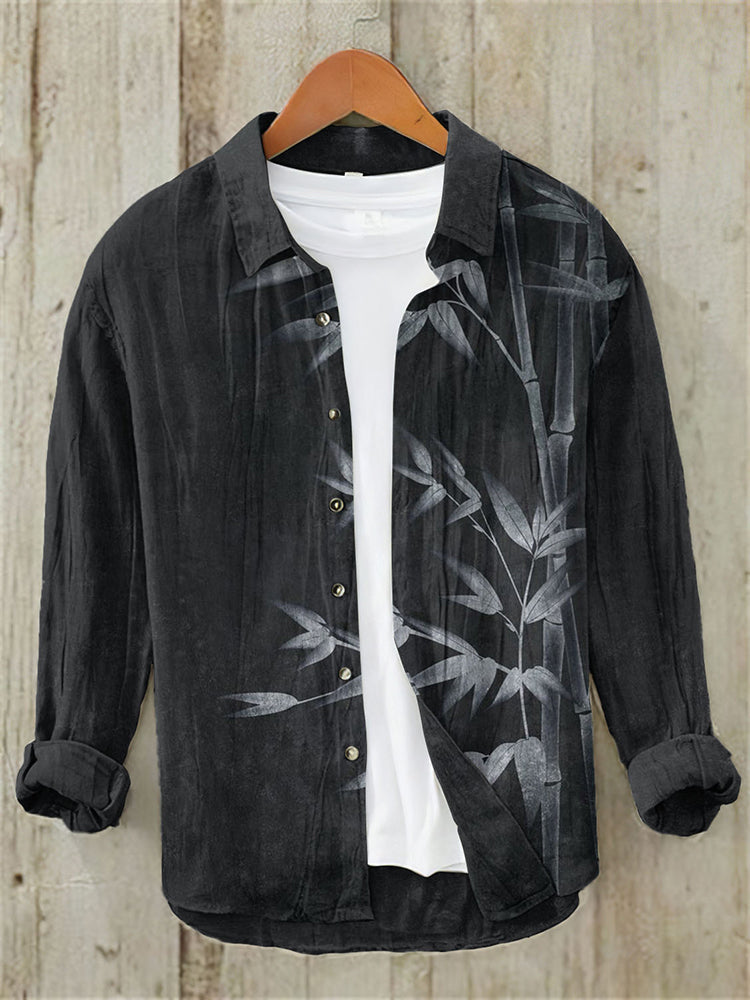 Men's Vintage Japanese Art Bamboo Casual Linen Blend Shirt - Black S