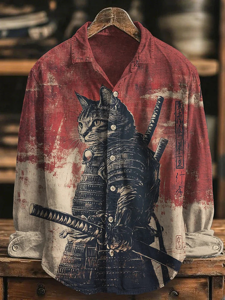 Men's Cat Samurai Japanese Katana Print Long Sleeve Shirt - Red S