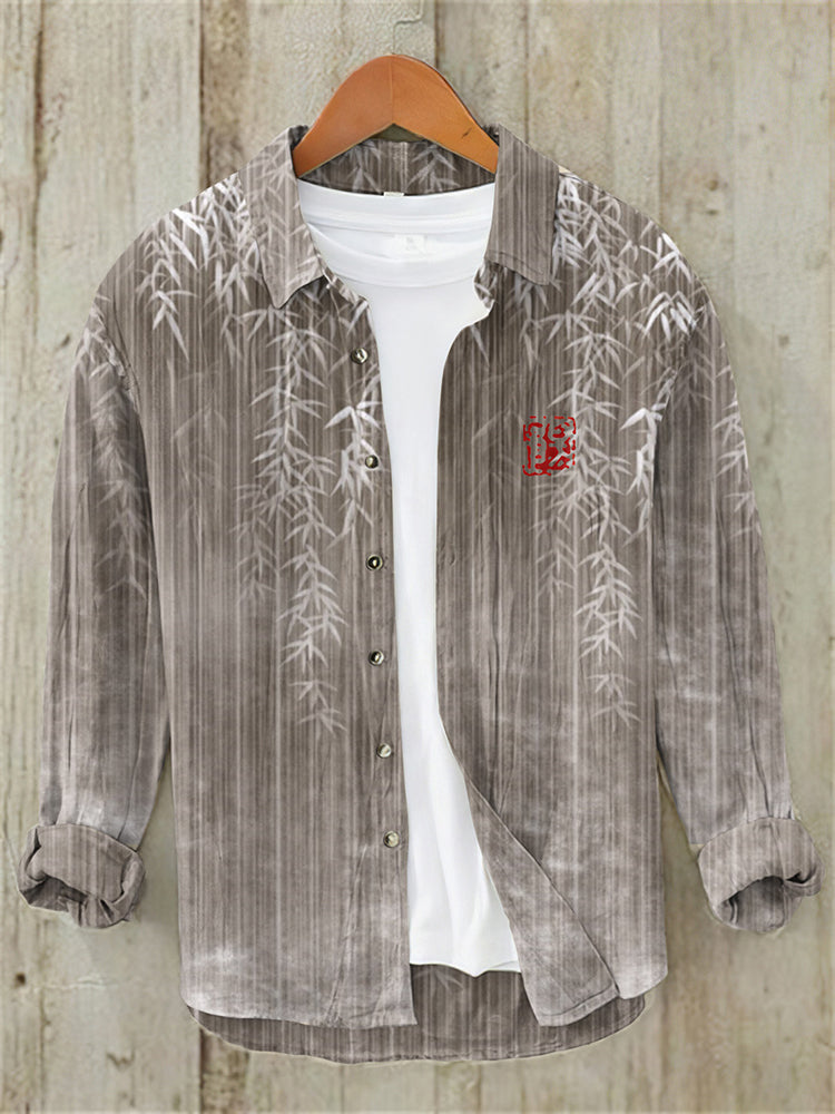 Bamboo Japanese Art Casual Linen Blend Shirt - Grey S