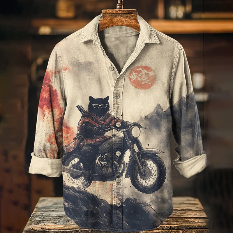 Urbancrest Men’s Retro Black Cat On Motorcycle Art Print Long Sleeve Shirt | Premium Cotton Linen Shirt for Men