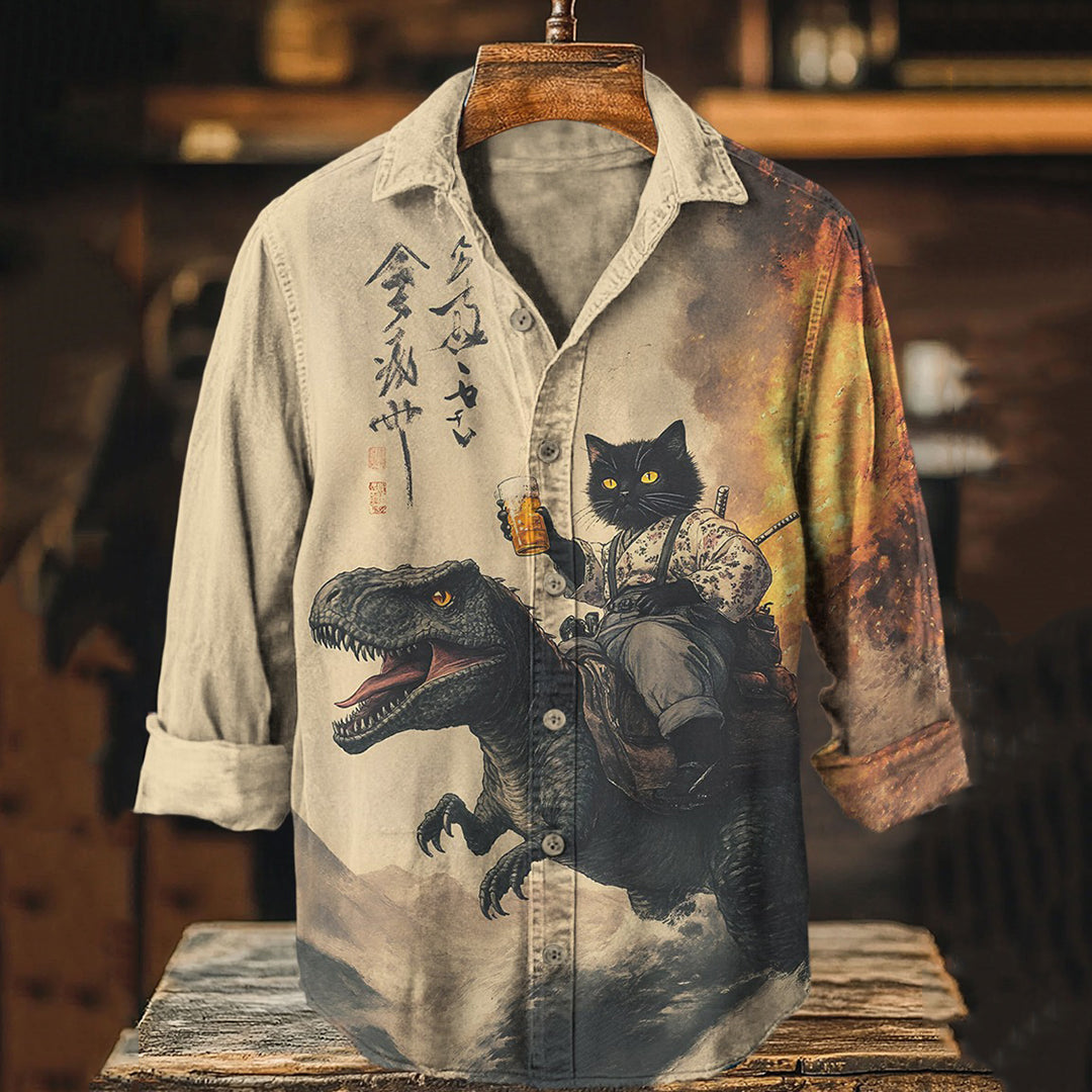 Urbancrest Men’s Black Cat Holding Beer Riding Dinosaur Print Long Sleeve Shirt | Premium Cotton Linen Shirt for Men